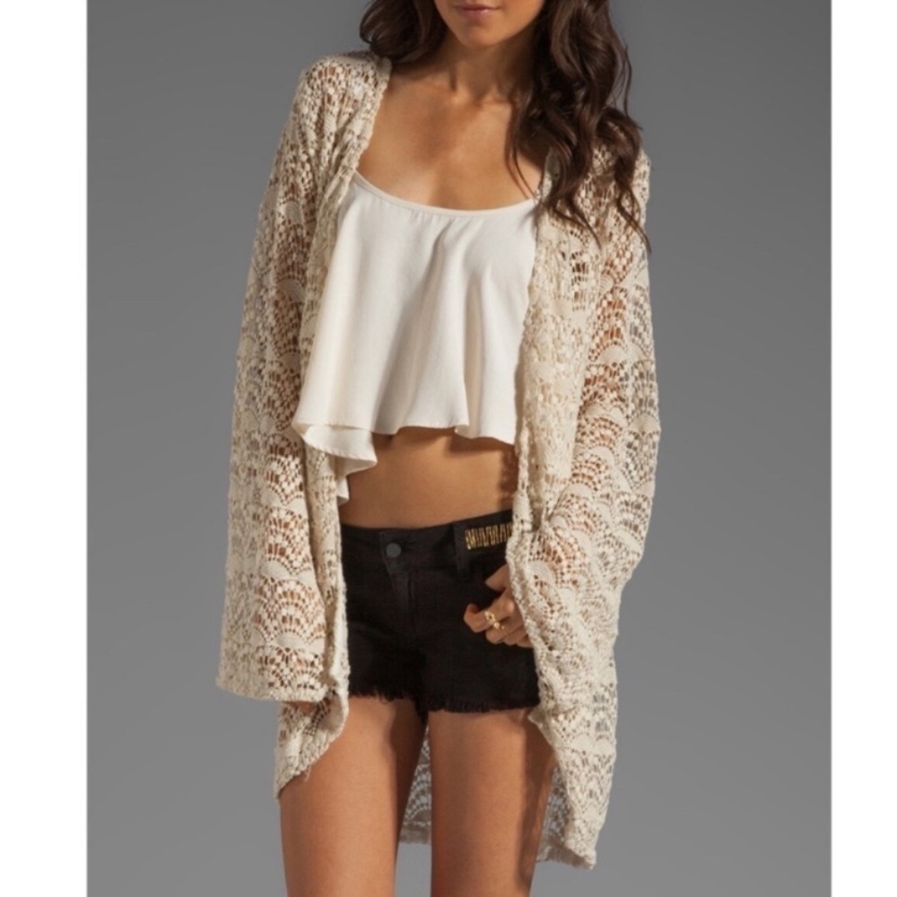 Chaser Cream Crochet Open Front Cardigan